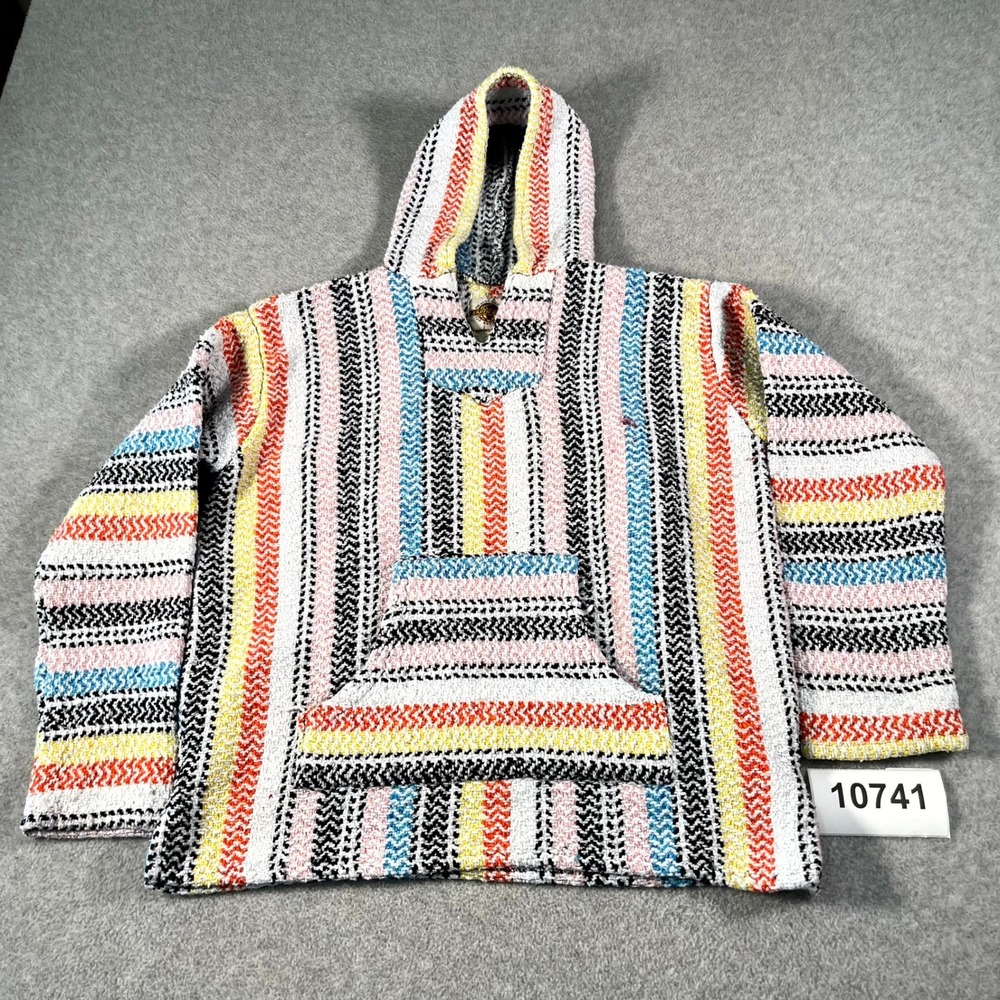 Earth Ragz Baja Hoodie Men Medium Multicolor Striped Tight Knit Kangaroo Pockets